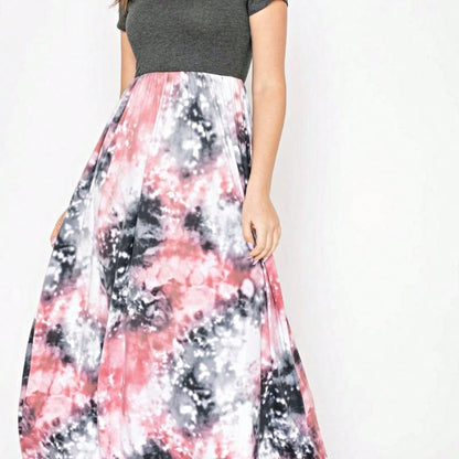 Boho Retro Multi Ditsy Floral Stripe Blue Charcoal Black Coral Short Sleeve Maxi Long Dress With Pocket | S-3X