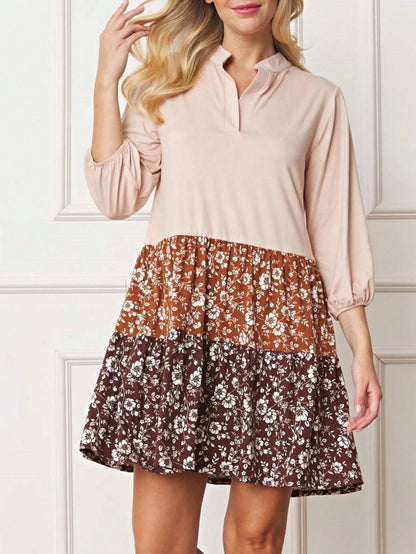 Summer Boho Retro Ditsy Floral  Notch Neck Bubble Sleeve Y2K Tiered Color Block Dress|  Small -3 XL