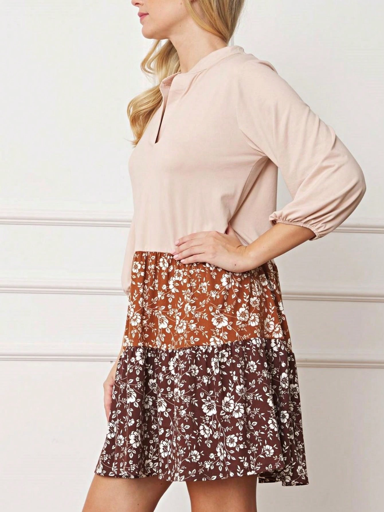 Summer Boho Retro Ditsy Floral  Notch Neck Bubble Sleeve Y2K Tiered Color Block Dress|  Small -3 XL