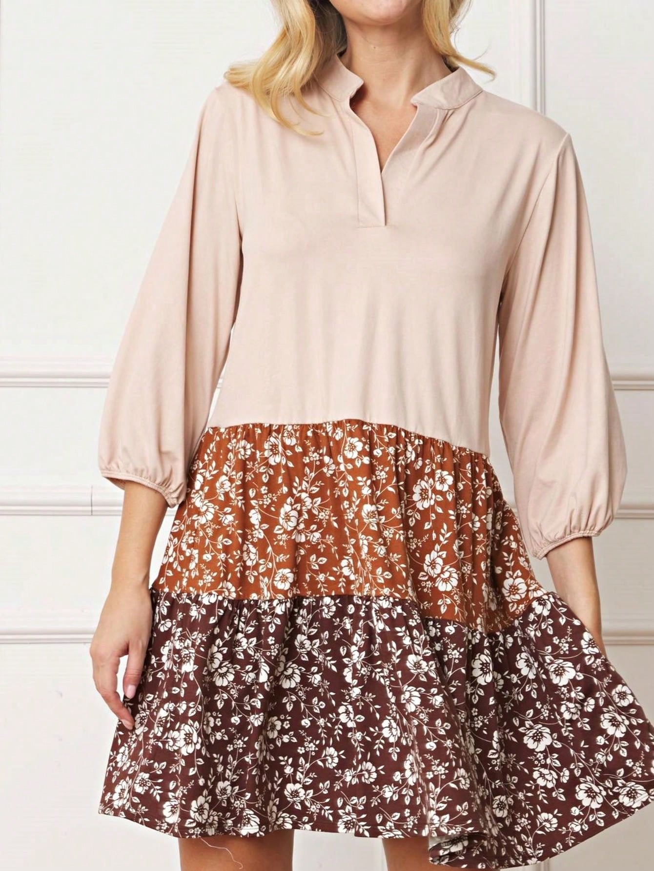 Summer Boho Retro Ditsy Floral  Notch Neck Bubble Sleeve Y2K Tiered Color Block Dress|  Small -3 XL