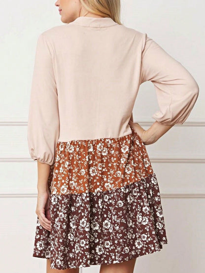 Summer Boho Retro Ditsy Floral  Notch Neck Bubble Sleeve Y2K Tiered Color Block Dress|  Small -3 XL