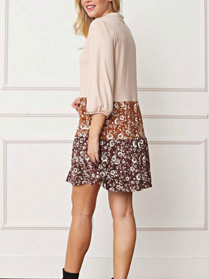 Summer Boho Retro Ditsy Floral  Notch Neck Bubble Sleeve Y2K Tiered Color Block Dress|  Small -3 XL