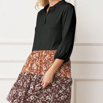 Summer Boho Retro Ditsy Floral  Notch Neck Bubble Sleeve Y2K Tiered Color Block Dress|  Small -3 XL