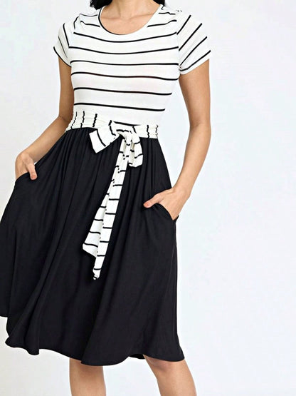 Boho Retro Classic Short Sleeve Contrast  Stripe Green Red Blue Black Midi Dress With Sash  | S-3X