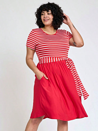 Boho Retro Classic Short Sleeve Contrast  Stripe Green Red Blue Black Midi Dress With Sash  | S-3X
