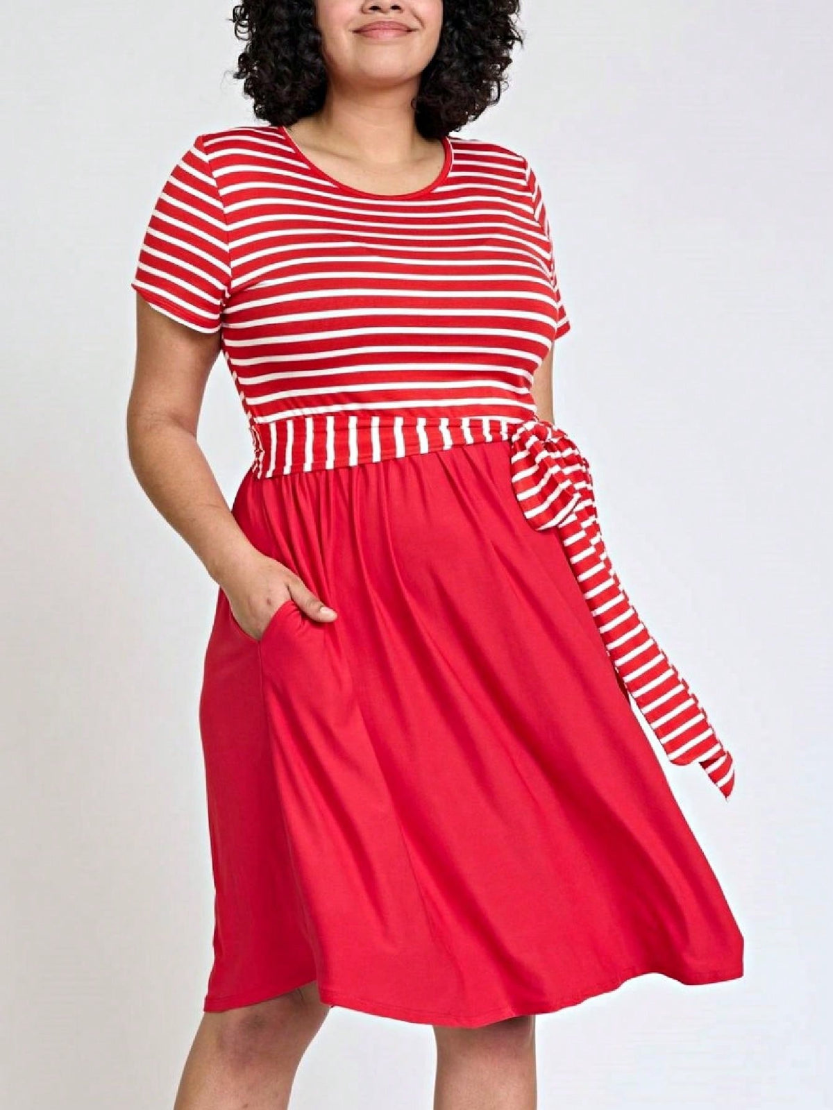 Boho Retro Classic Short Sleeve Contrast  Stripe Green Red Blue Black Midi Dress With Sash  | S-3X