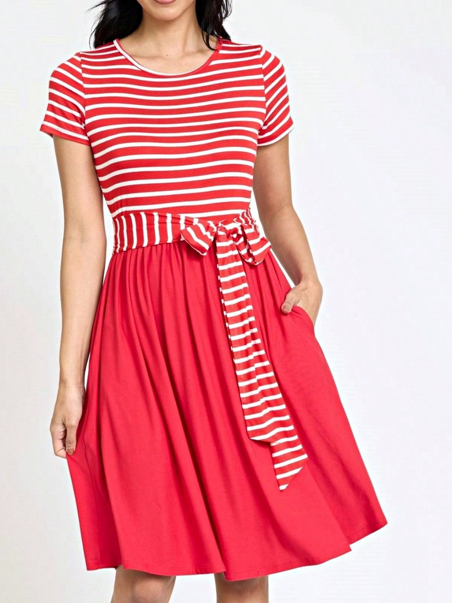 Boho Retro Classic Short Sleeve Contrast  Stripe Green Red Blue Black Midi Dress With Sash  | S-3X