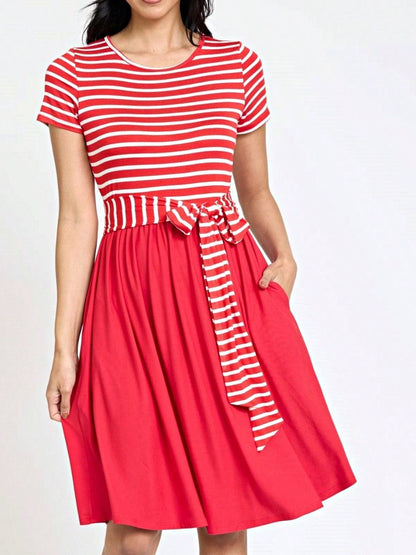 Boho Retro Classic Short Sleeve Contrast  Stripe Green Red Blue Black Midi Dress With Sash  | S-3X