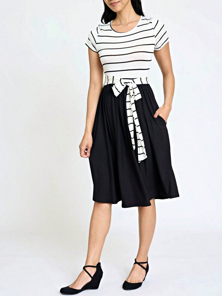 Boho Retro Classic Short Sleeve Contrast  Stripe Green Red Blue Black Midi Dress With Sash  | S-3X