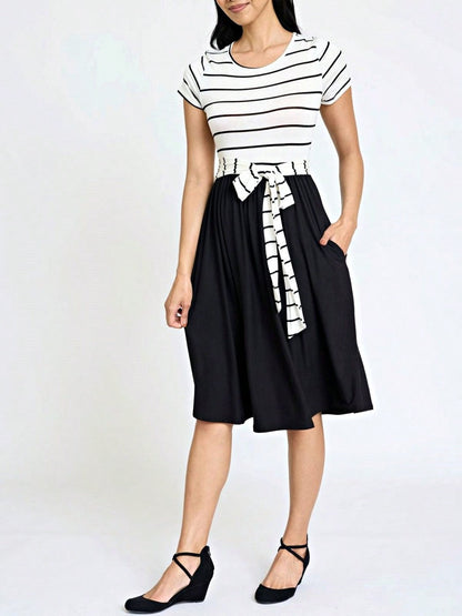 Boho Retro Classic Short Sleeve Contrast  Stripe Green Red Blue Black Midi Dress With Sash  | S-3X