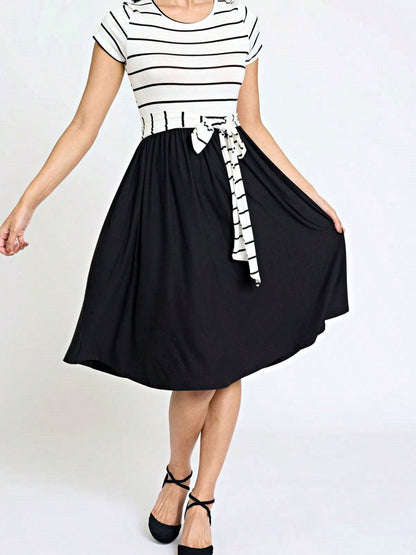 Boho Retro Classic Short Sleeve Contrast  Stripe Green Red Blue Black Midi Dress With Sash  | S-3X