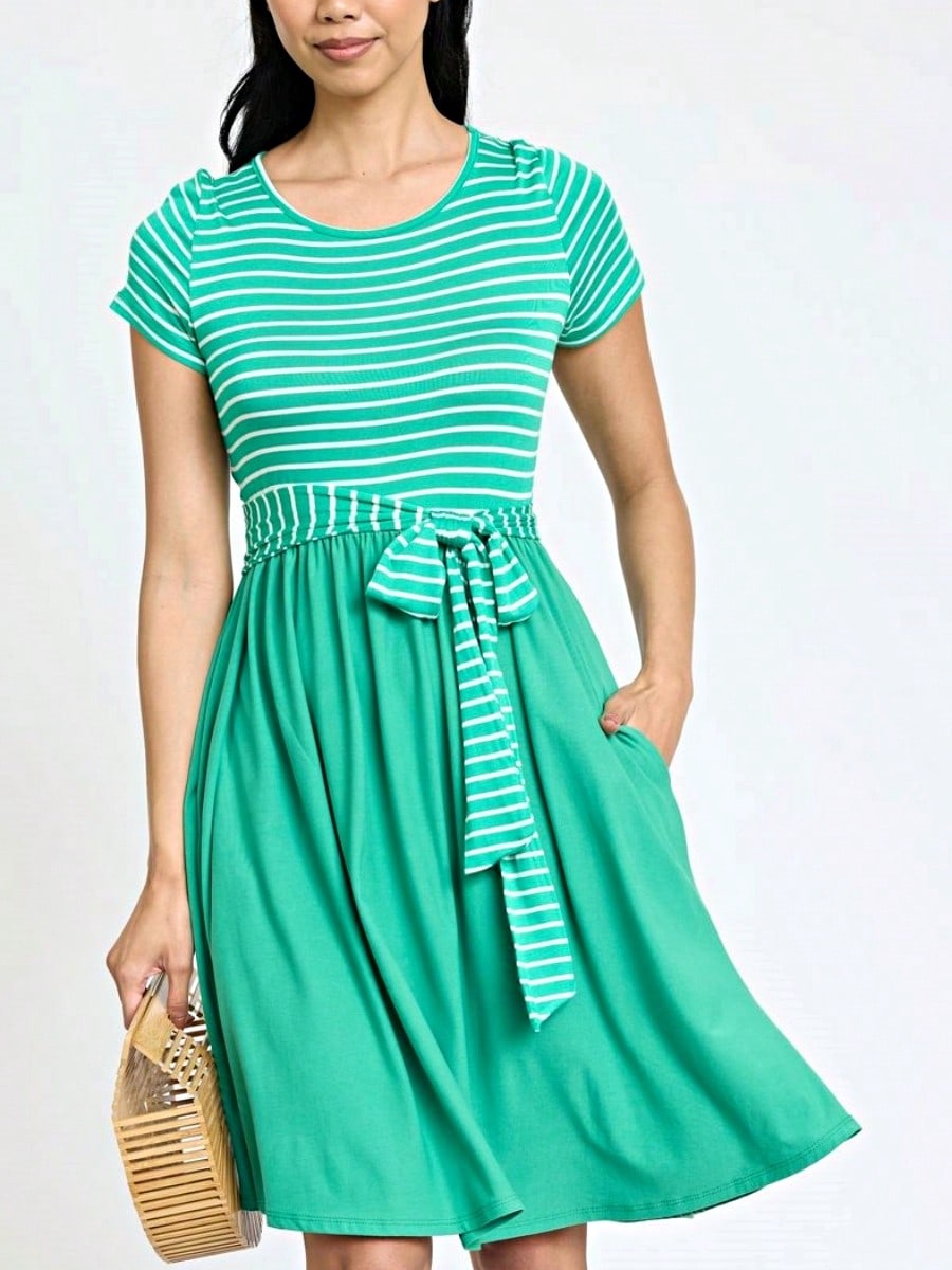 Boho Retro Classic Short Sleeve Contrast  Stripe Green Red Blue Black Midi Dress With Sash  | S-3X