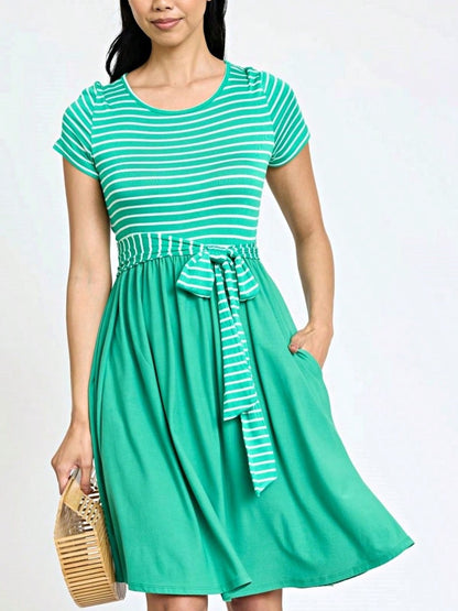 Boho Retro Classic Short Sleeve Contrast  Stripe Green Red Blue Black Midi Dress With Sash  | S-3X