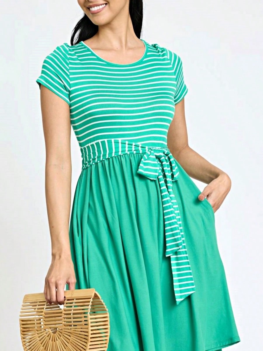 Boho Retro Classic Short Sleeve Contrast  Stripe Green Red Blue Black Midi Dress With Sash  | S-3X