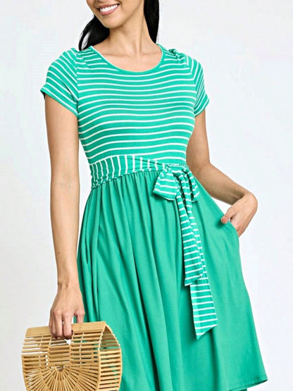Boho Retro Classic Short Sleeve Contrast  Stripe Green Red Blue Black Midi Dress With Sash  | S-3X