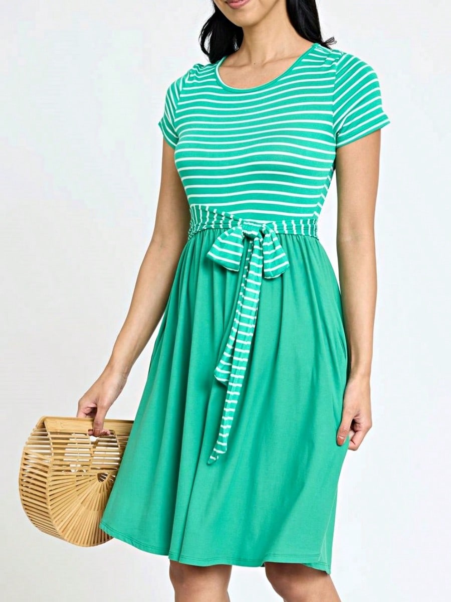 Boho Retro Classic Short Sleeve Contrast  Stripe Green Red Blue Black Midi Dress With Sash  | S-3X