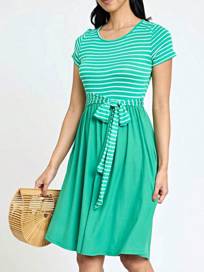 Boho Retro Classic Short Sleeve Contrast  Stripe Green Red Blue Black Midi Dress With Sash  | S-3X