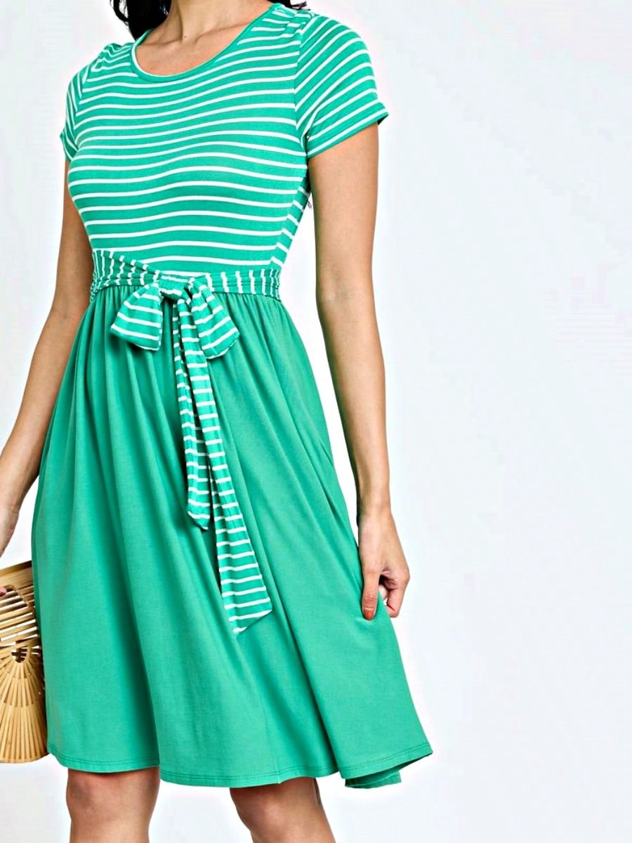 Boho Retro Classic Short Sleeve Contrast  Stripe Green Red Blue Black Midi Dress With Sash  | S-3X