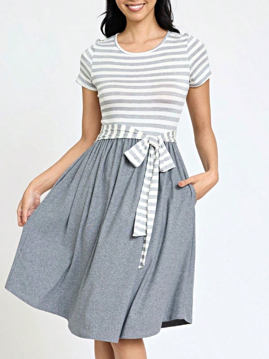Boho Retro Classic Short Sleeve Contrast  Stripe Green Red Blue Black Midi Dress With Sash  | S-3X