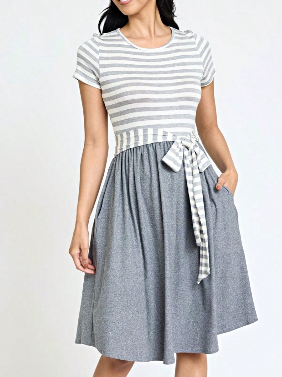 Boho Retro Classic Short Sleeve Contrast  Stripe Green Red Blue Black Midi Dress With Sash  | S-3X