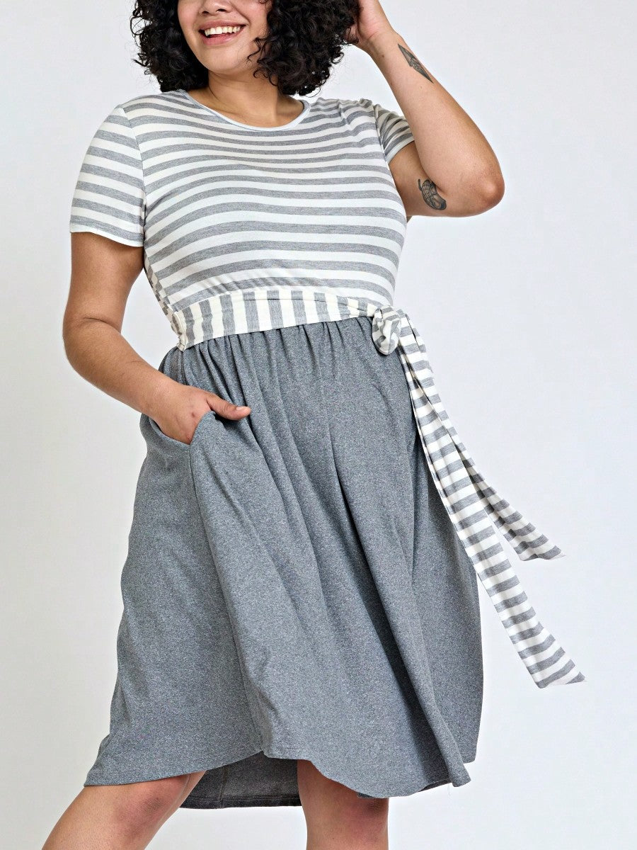 Boho Retro Classic Short Sleeve Contrast  Stripe Green Red Blue Black Midi Dress With Sash  | S-3X