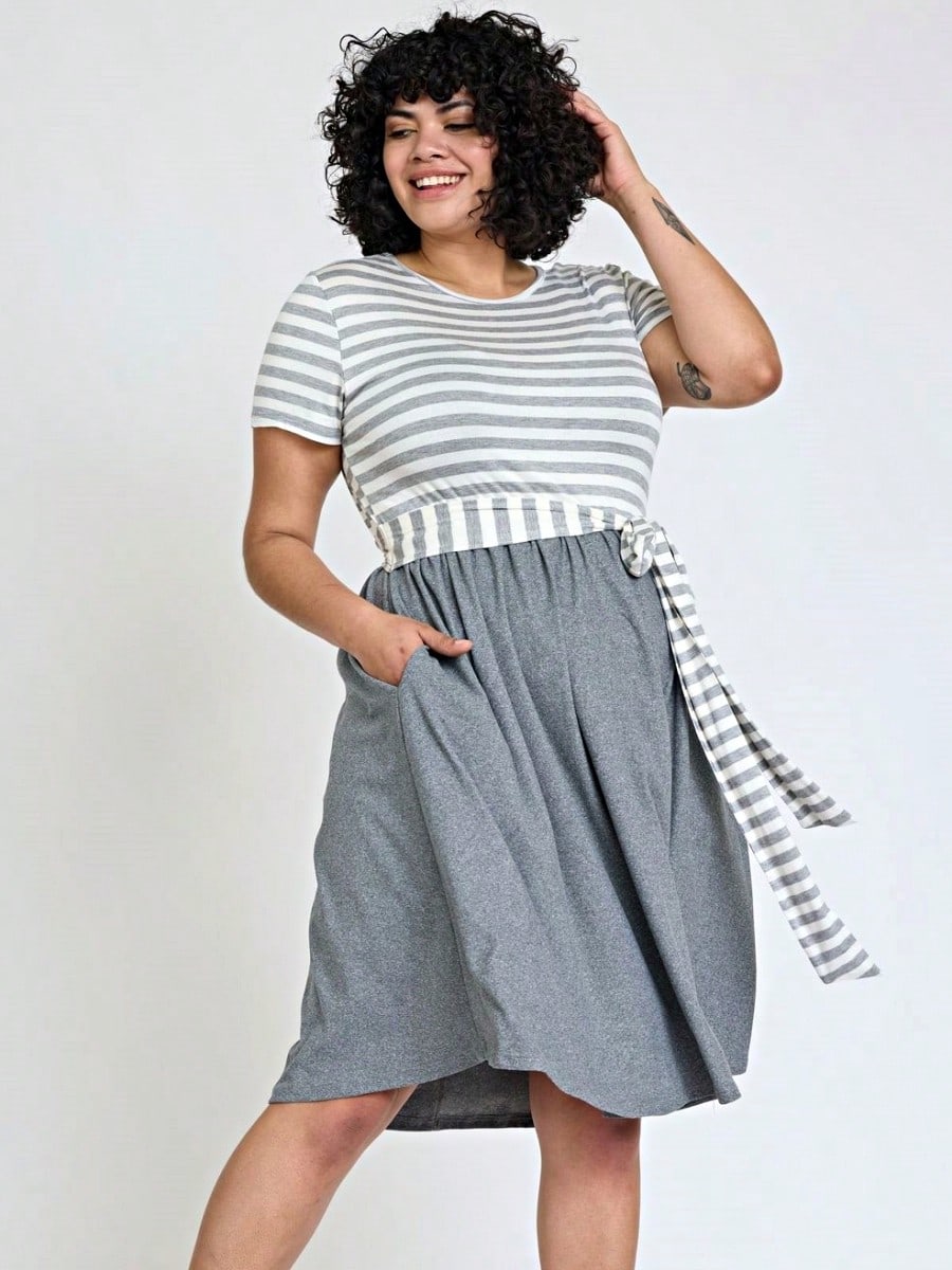 Boho Retro Classic Short Sleeve Contrast  Stripe Green Red Blue Black Midi Dress With Sash  | S-3X