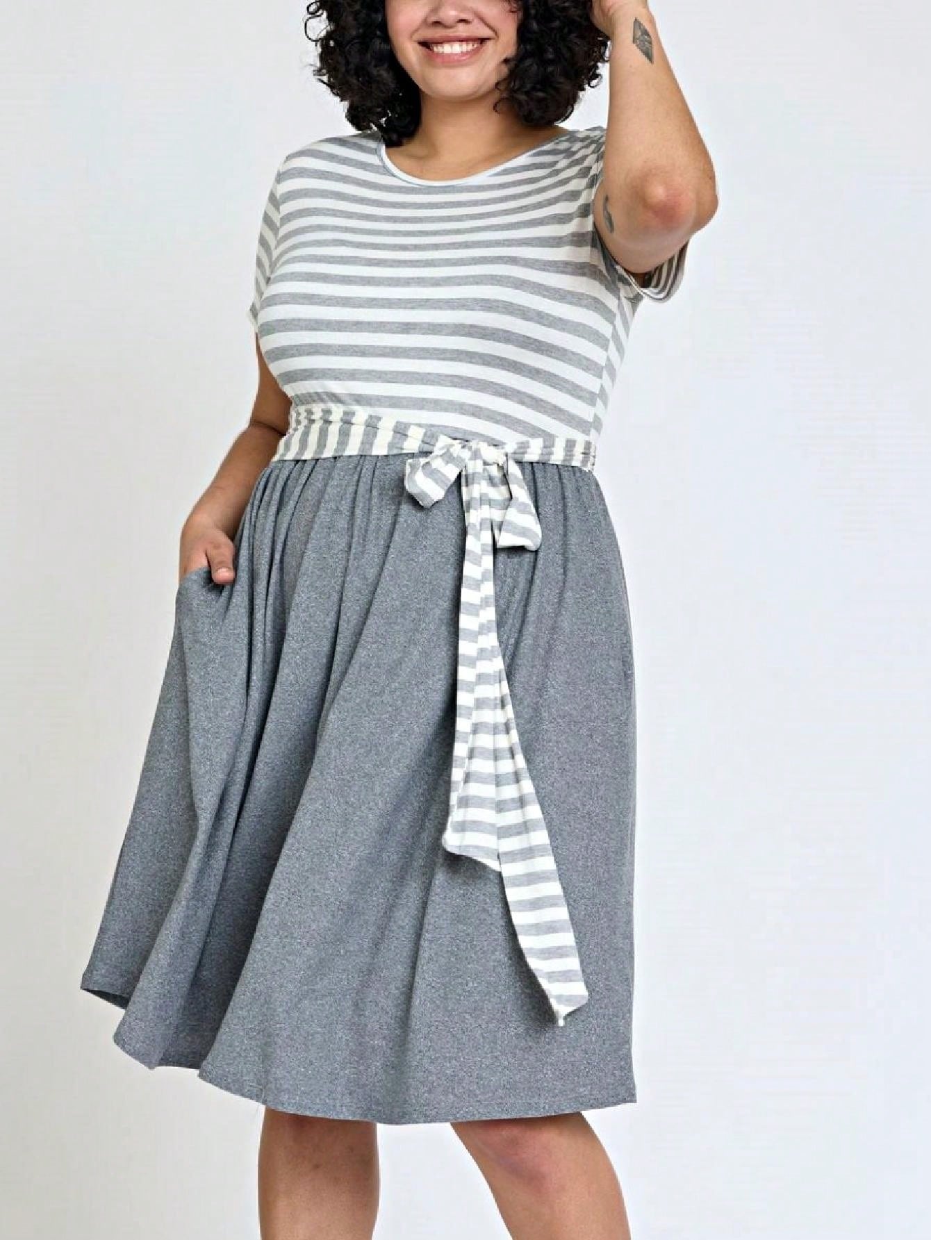Boho Retro Classic Short Sleeve Contrast  Stripe Green Red Blue Black Midi Dress With Sash  | S-3X