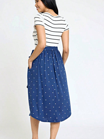 Boho Retro Classic Short Sleeve Contrast  Stripe Green Red Blue Black Midi Dress With Sash  | S-3X