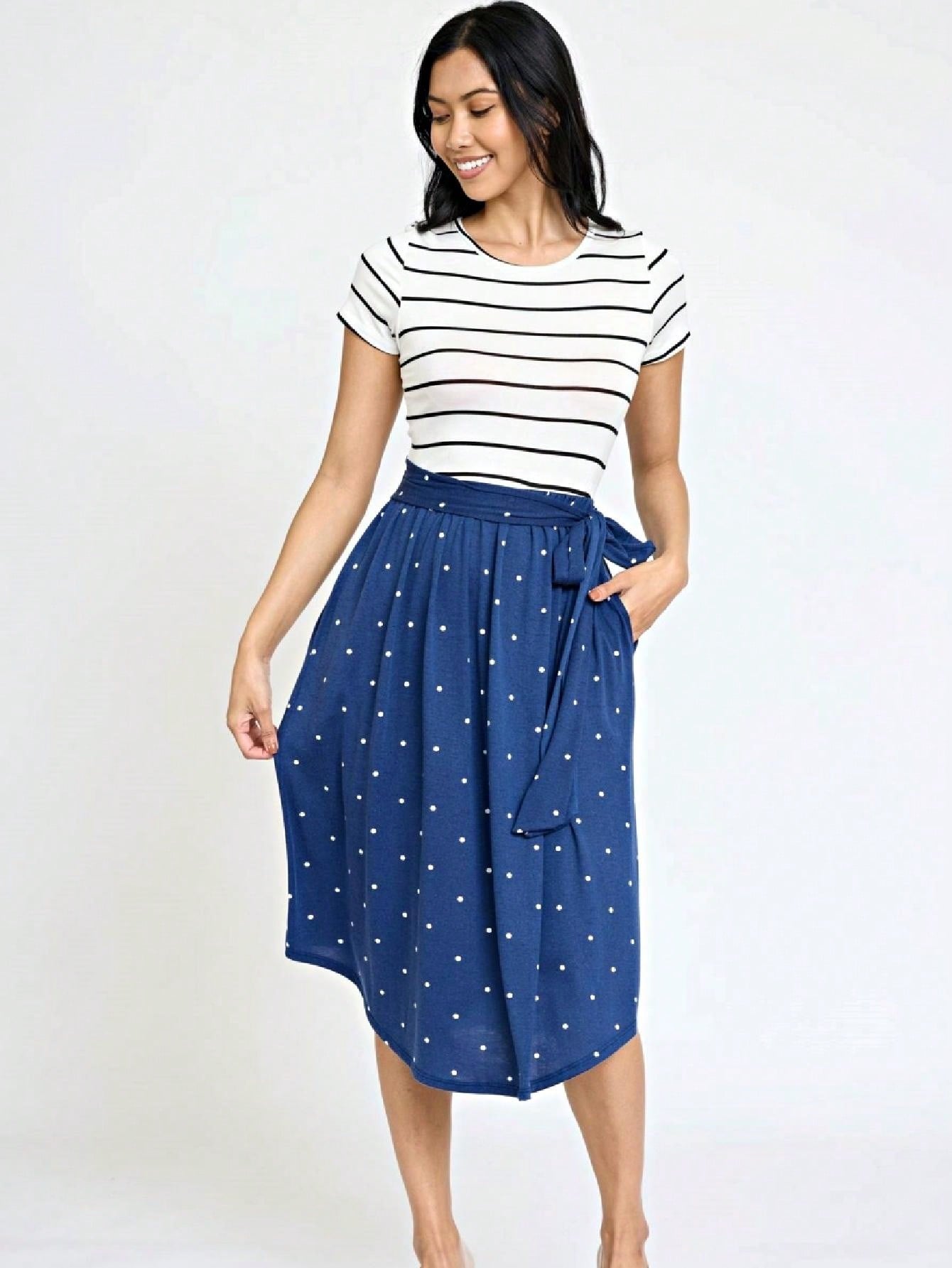 Boho Retro Classic Short Sleeve Contrast  Stripe Green Red Blue Black Midi Dress With Sash  | S-3X