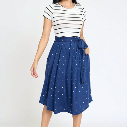 Boho Retro Classic Short Sleeve Contrast  Stripe Green Red Blue Black Midi Dress With Sash  | S-3X