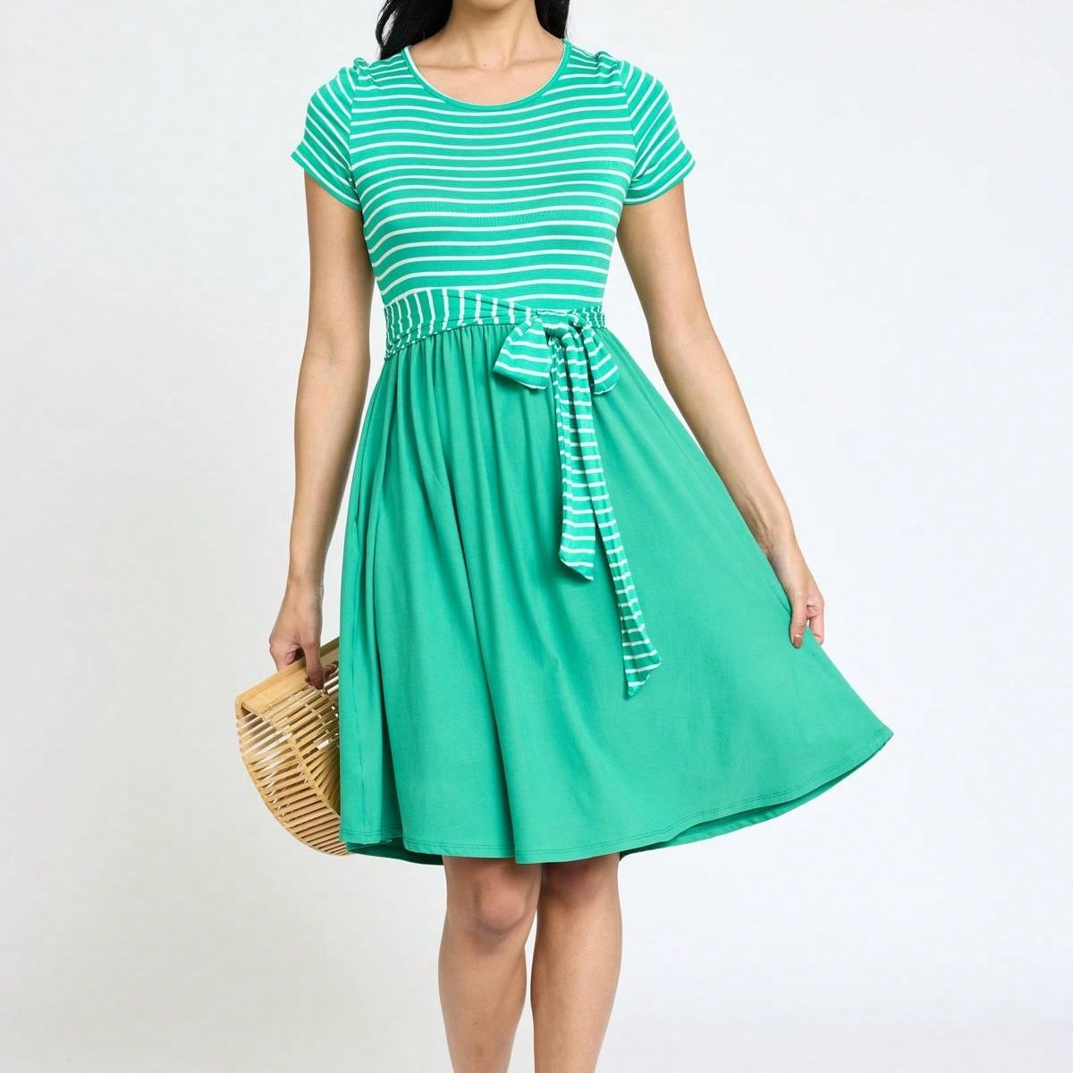 Boho Retro Classic Short Sleeve Contrast  Stripe Green Red Blue Black Midi Dress With Sash  | S-3X