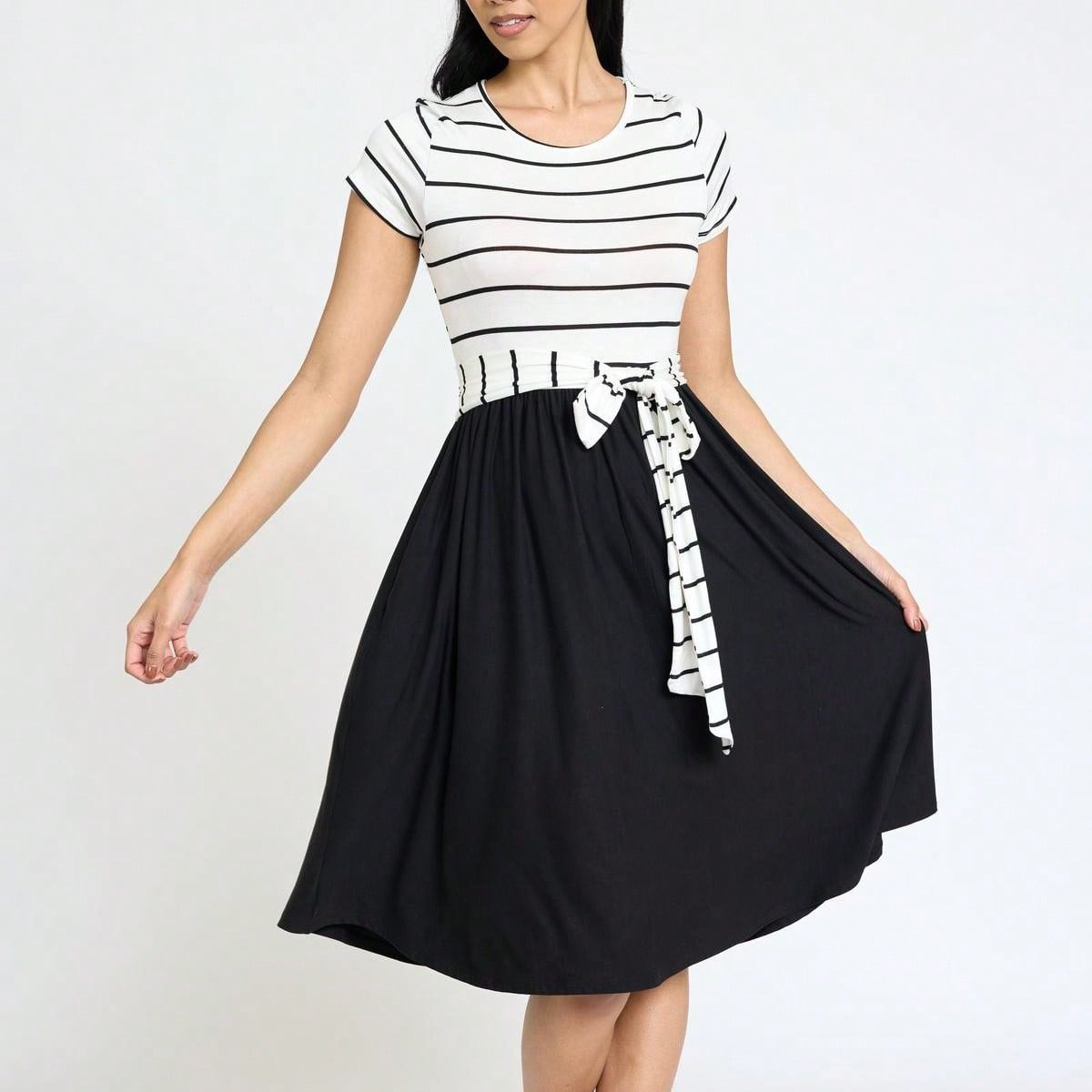 Boho Retro Classic Short Sleeve Contrast  Stripe Green Red Blue Black Midi Dress With Sash  | S-3X