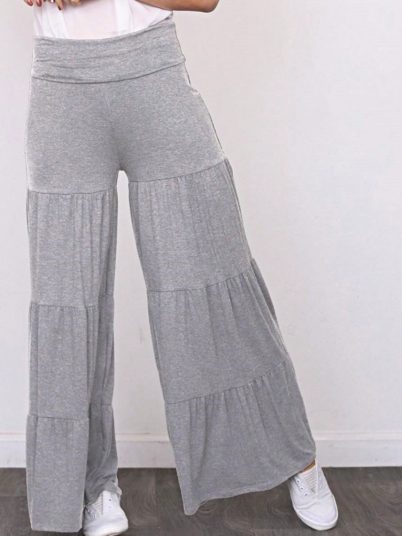 Fold Over Band Wide Leg Tiered Soft Long Lounge Pants