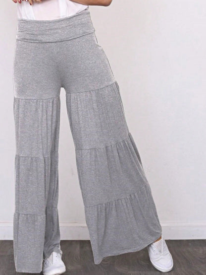 Fold Over Band Wide Leg Tiered Soft Long Lounge Pants