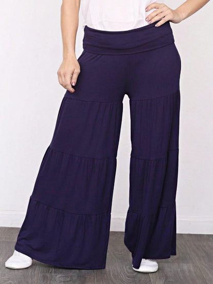 Fold Over Band Wide Leg Tiered Soft Long Lounge Pants