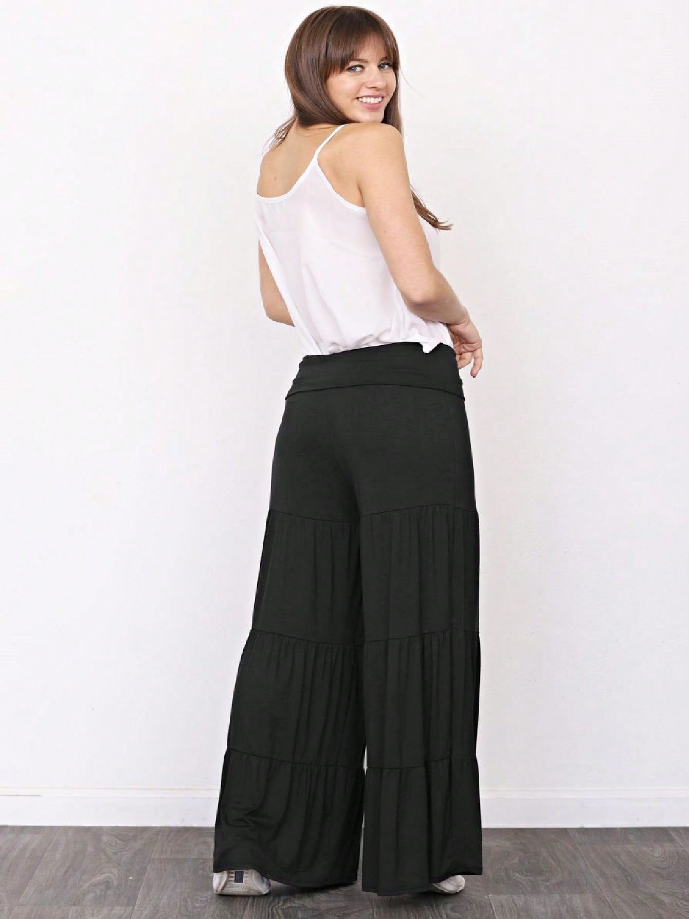 Fold Over Band Wide Leg Tiered Soft Long Lounge Pants