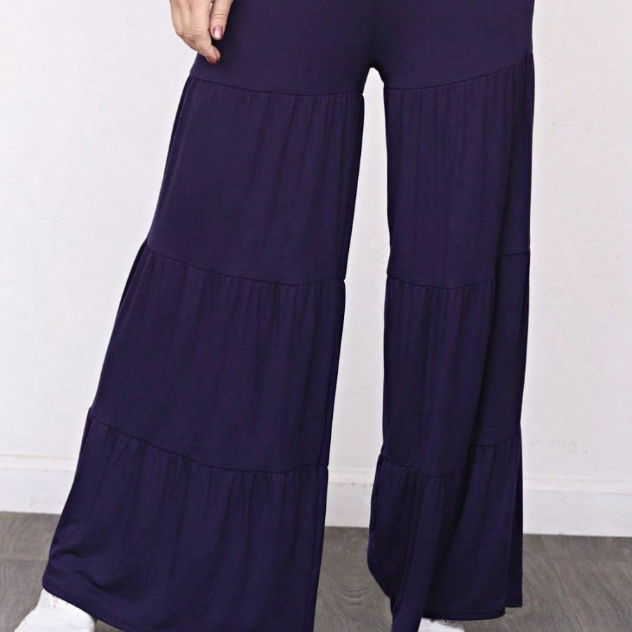 Fold Over Band Wide Leg Tiered Soft Long Lounge Pants