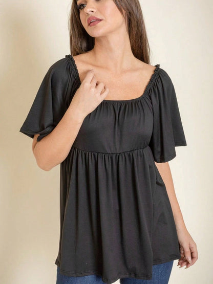 Summer/Spring Solid Green Yellow Cute Baby Doll Top Blouse Tunic  Off Shoulder Square Neck Flutter Sleeve  Small To 3 XL Plus