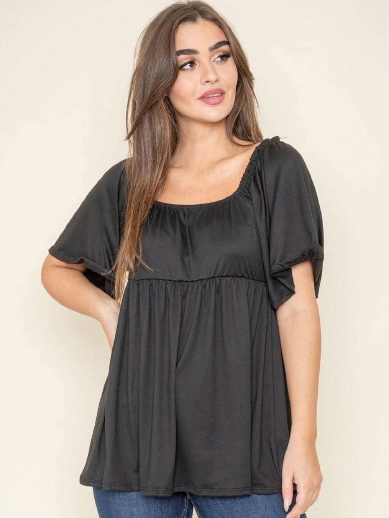 Summer/Spring Solid Green Yellow Cute Baby Doll Top Blouse Tunic  Off Shoulder Square Neck Flutter Sleeve  Small To 3 XL Plus