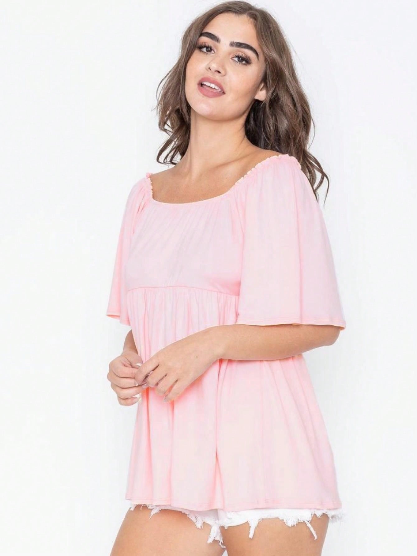 Summer/Spring Solid Green Yellow Cute Baby Doll Top Blouse Tunic  Off Shoulder Square Neck Flutter Sleeve  Small To 3 XL Plus