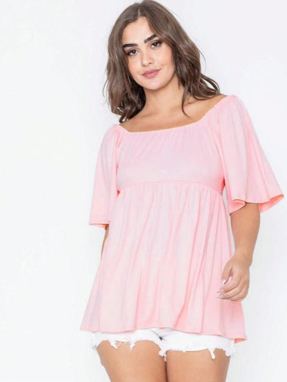 Summer/Spring Solid Green Yellow Cute Baby Doll Top Blouse Tunic  Off Shoulder Square Neck Flutter Sleeve  Small To 3 XL Plus