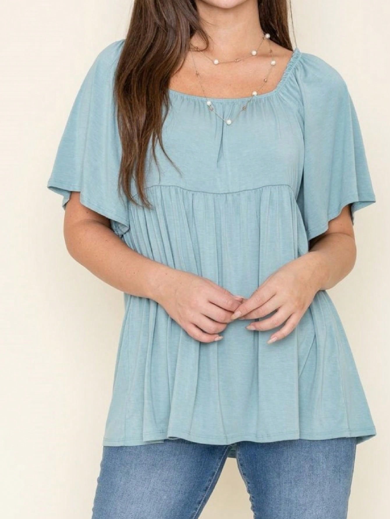 Summer/Spring Solid Green Yellow Cute Baby Doll Top Blouse Tunic  Off Shoulder Square Neck Flutter Sleeve  Small To 3 XL Plus