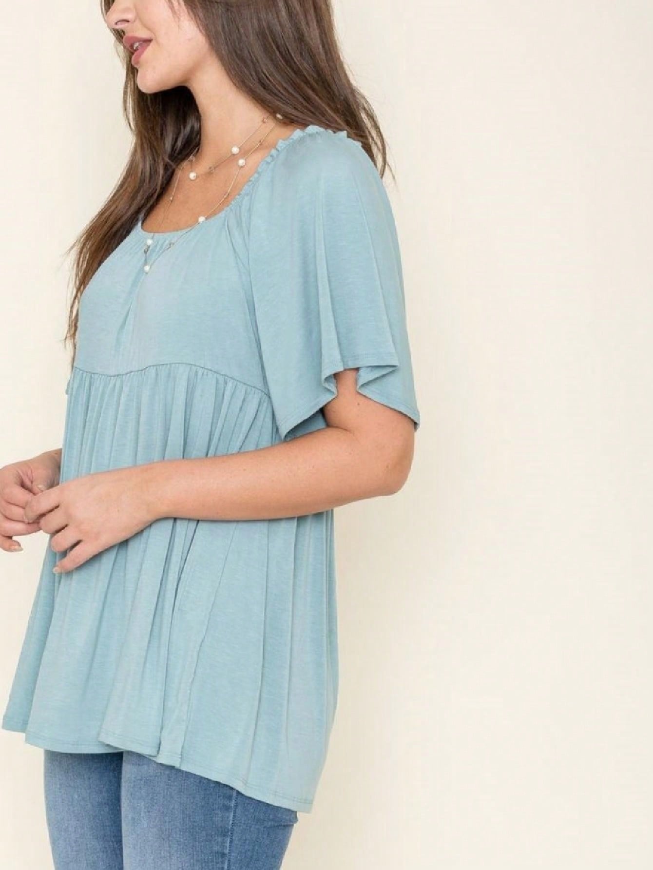 Summer/Spring Solid Green Yellow Cute Baby Doll Top Blouse Tunic  Off Shoulder Square Neck Flutter Sleeve  Small To 3 XL Plus