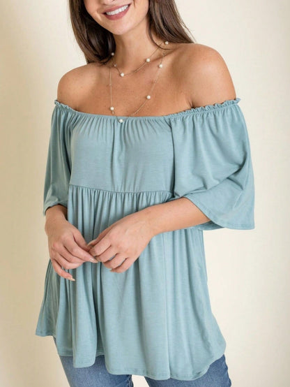 Summer/Spring Solid Green Yellow Cute Baby Doll Top Blouse Tunic  Off Shoulder Square Neck Flutter Sleeve  Small To 3 XL Plus