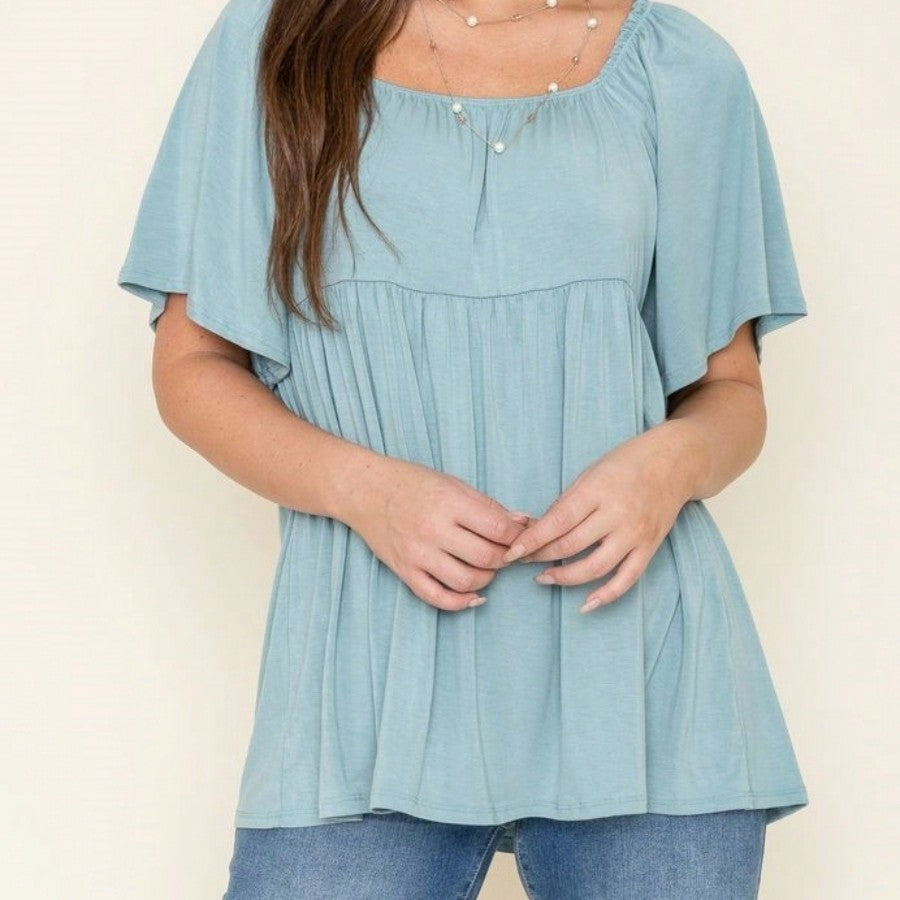 Summer/Spring Solid Green Yellow Cute Baby Doll Top Blouse Tunic  Off Shoulder Square Neck Flutter Sleeve  Small To 3 XL Plus