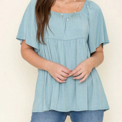 Summer/Spring Solid Green Yellow Cute Baby Doll Top Blouse Tunic  Off Shoulder Square Neck Flutter Sleeve  Small To 3 XL Plus