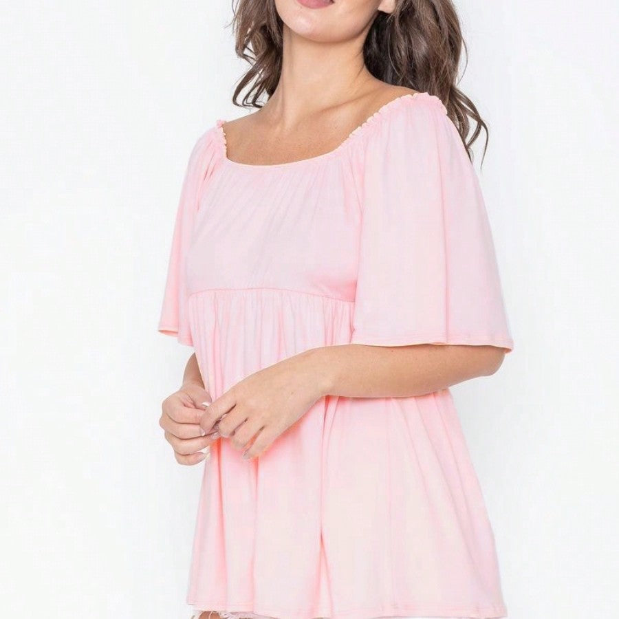 Summer/Spring Solid Green Yellow Cute Baby Doll Top Blouse Tunic  Off Shoulder Square Neck Flutter Sleeve  Small To 3 XL Plus
