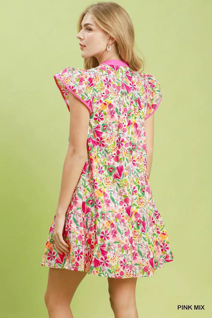 Umgee Floral Flutter Sleeve Tiered Mini Dress