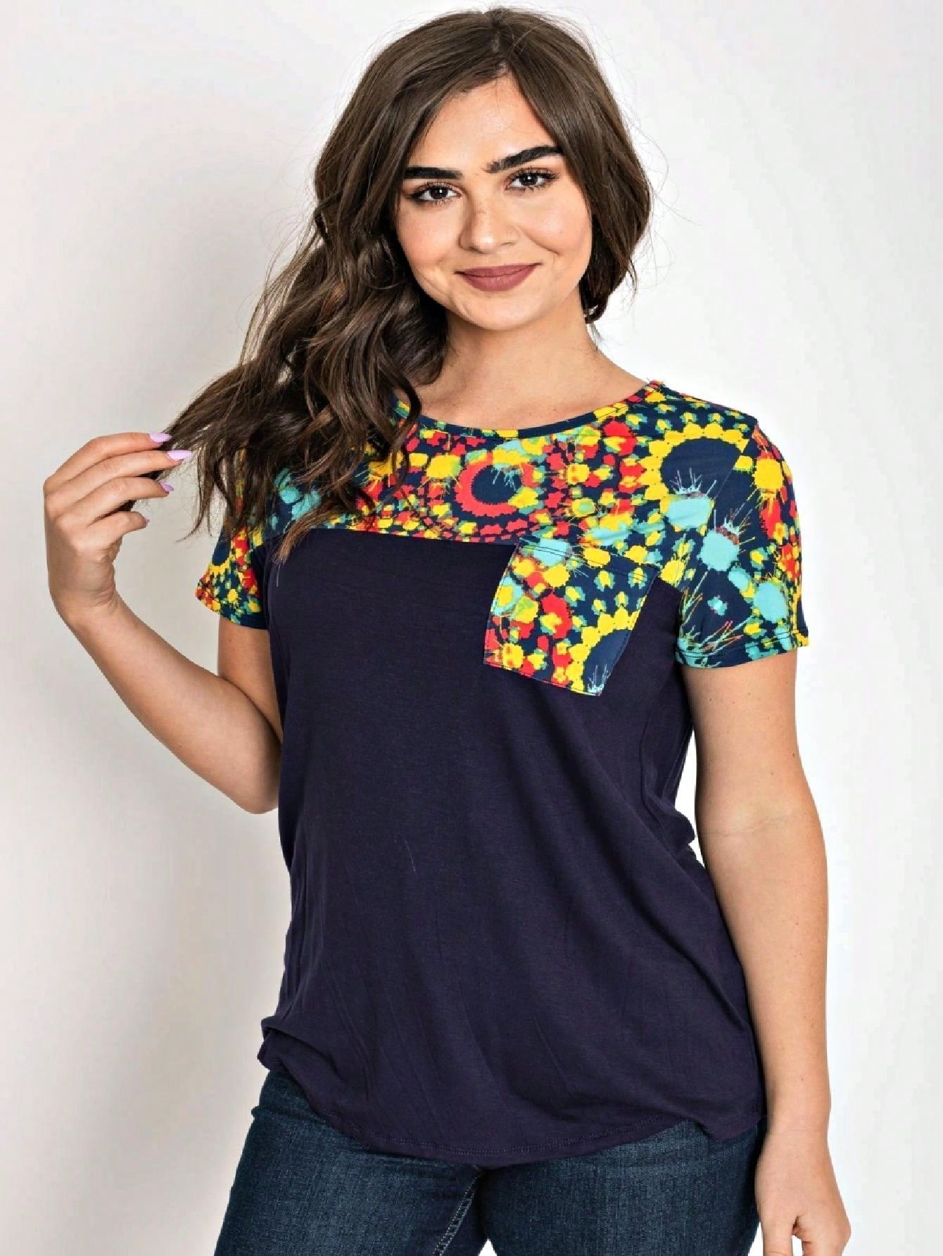 Boho Retro Black Mint Color Block Oriental Geo Pocket 60's Rayon Soft Top Shirt Blouse | Small-3 XL