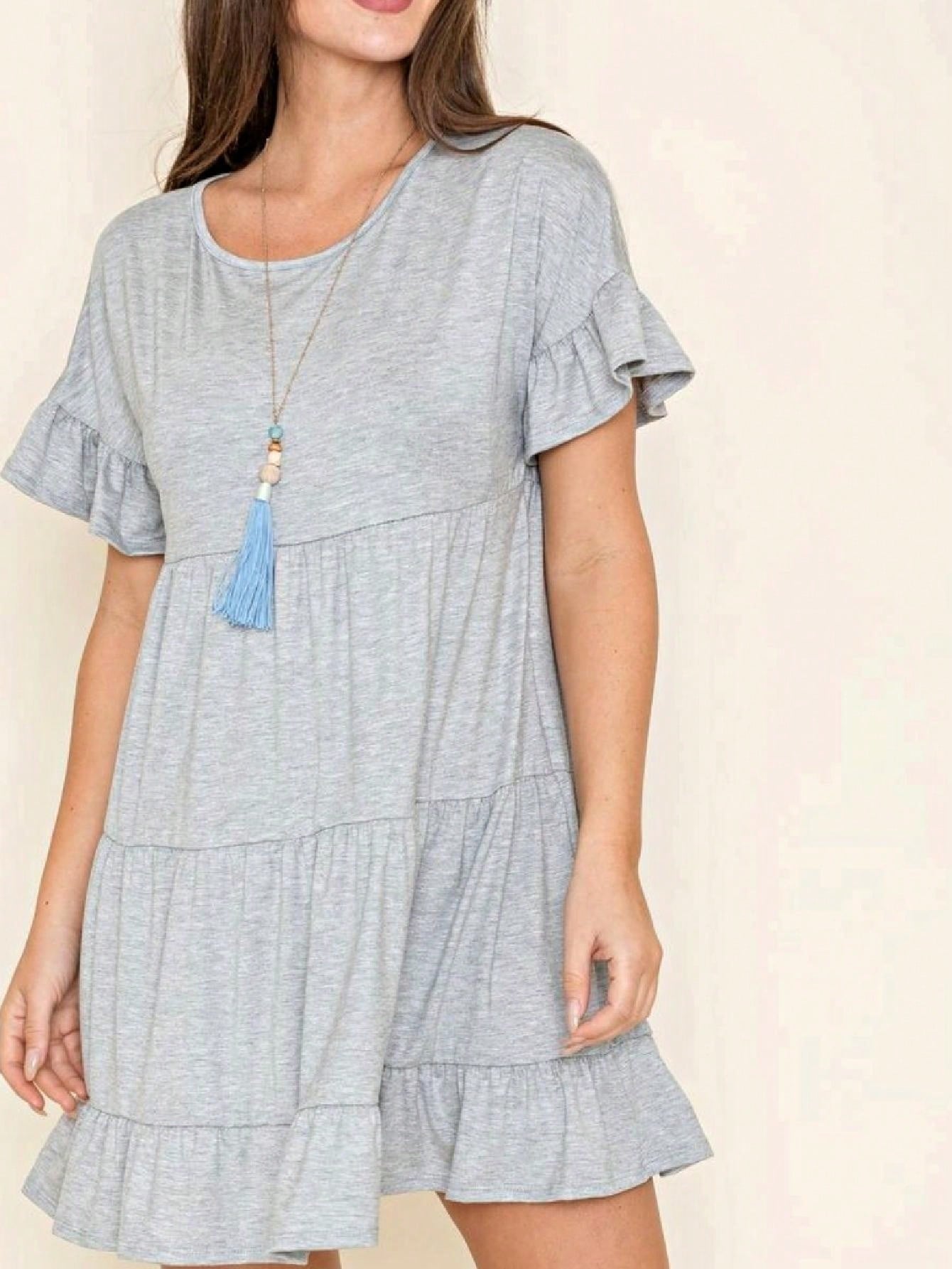 Summer Boho Retro Solid Color  Ruffle  Tiered Flutter Sleeve  Dress|  Small -3 XL